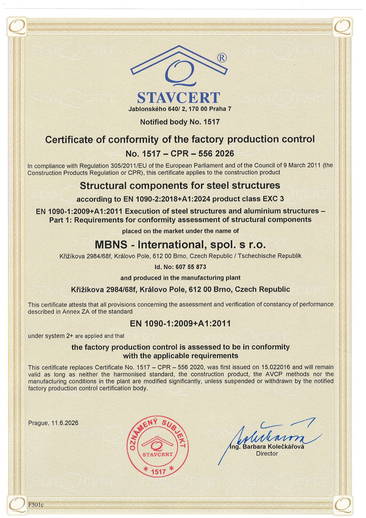 Stavcert certificate of conformity